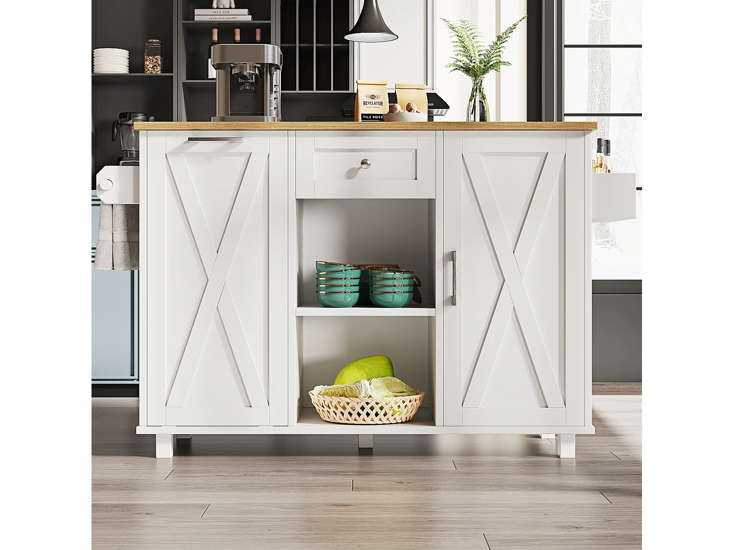 Isla central moderna - 142 x 63 x 87 cm - con ruedas + armarios extensibles + 1 cajón - MDF - blanco