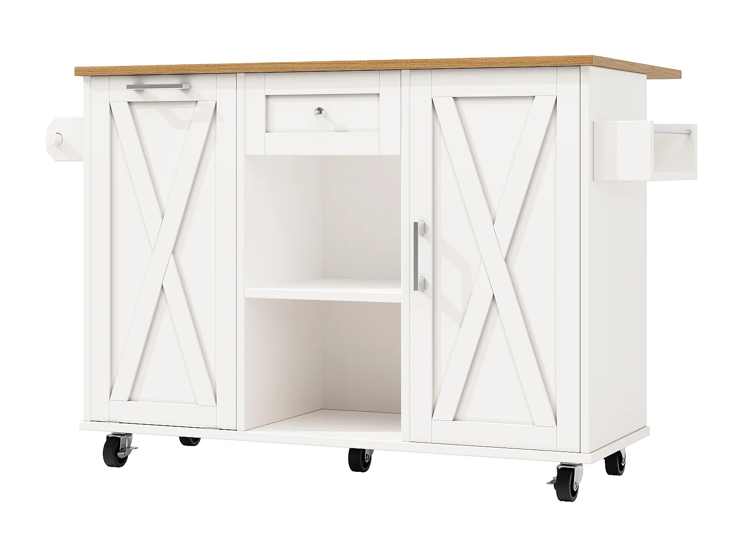 Isla central moderna - 142 x 63 x 87 cm - con ruedas + armarios extensibles + 1 cajón - MDF - blanco