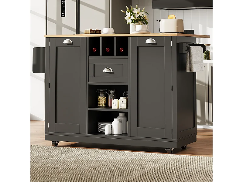 Mittelinsel auf Rädern - 140 x 40 x 93,5 - mit Arbeitsplatte + 2 Türen + 1 Schublade + Weinregal - MDF - Schwarz