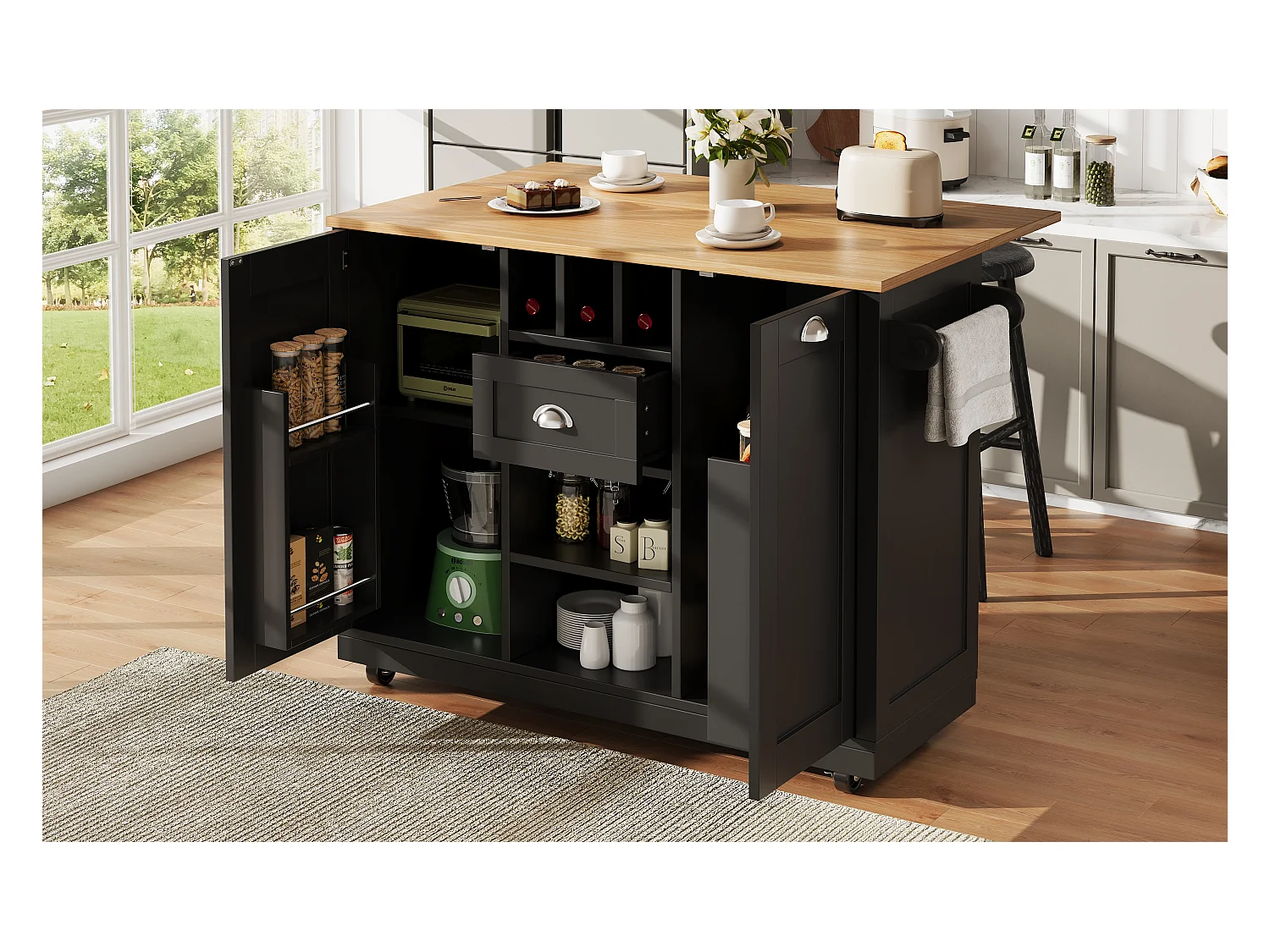 Îlot central à roulettes - 140 x 40 x 93.5 - avec plan de travail + 2 portes + 1 tiroirs + casier à vin - MDF - noir