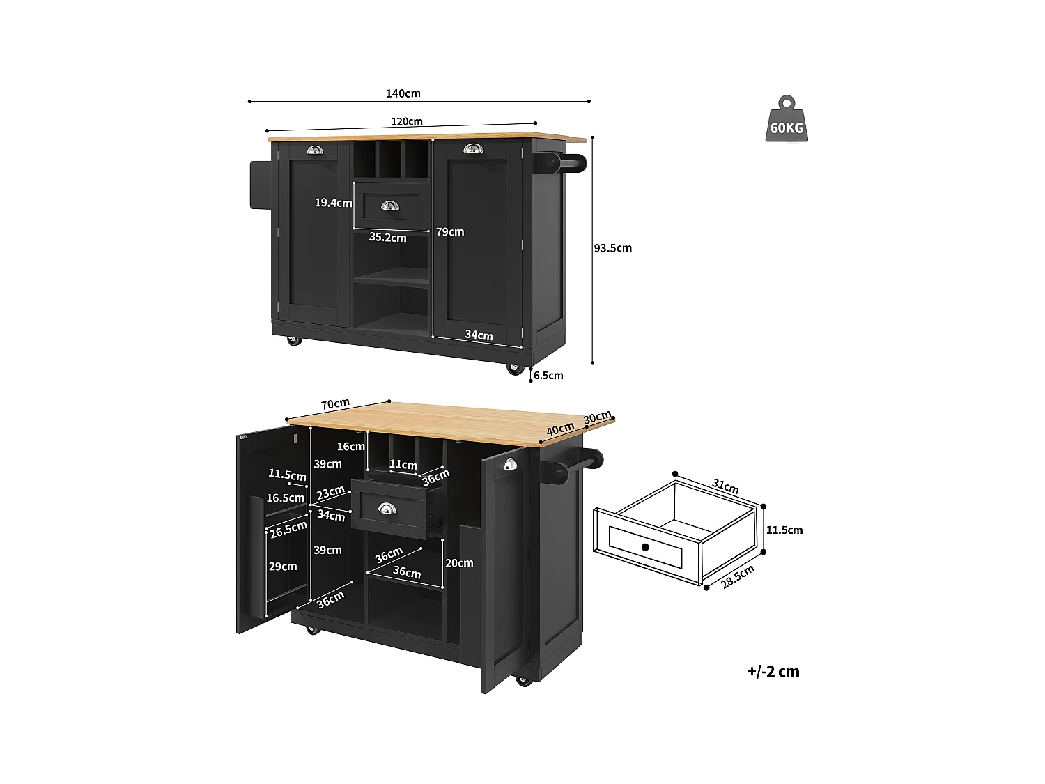 Îlot central à roulettes - 140 x 40 x 93.5 - avec plan de travail + 2 portes + 1 tiroirs + casier à vin - MDF - noir