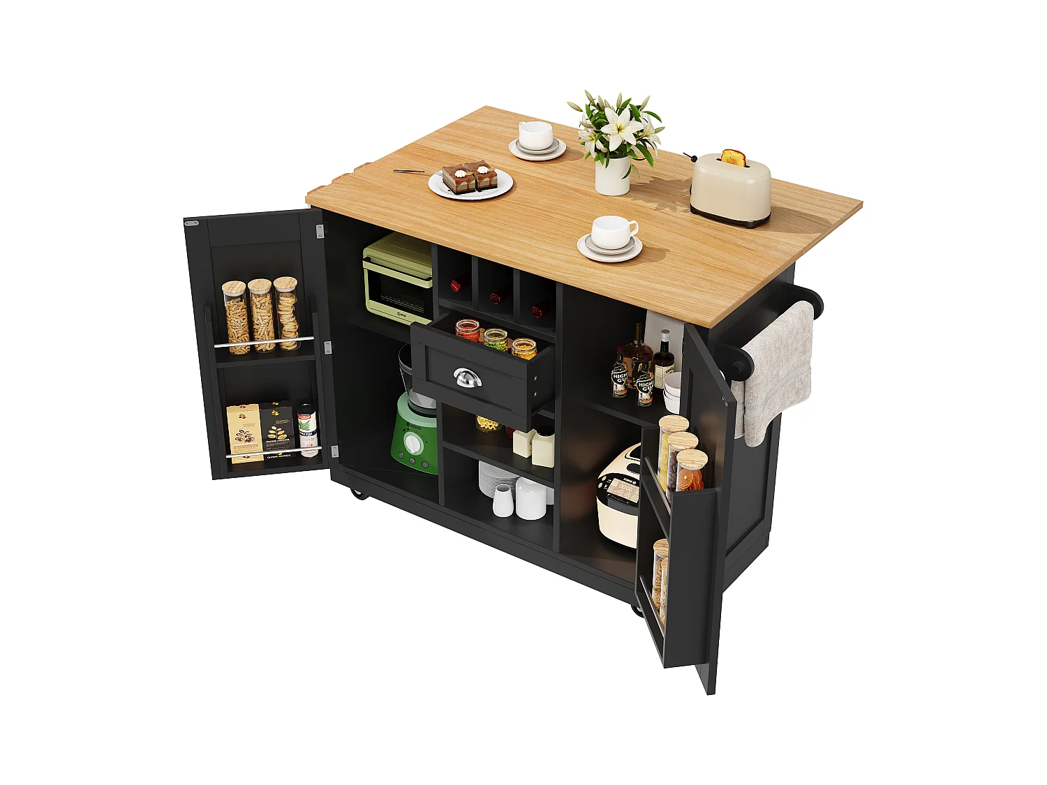 Îlot central à roulettes - 140 x 40 x 93.5 - avec plan de travail + 2 portes + 1 tiroirs + casier à vin - MDF - noir