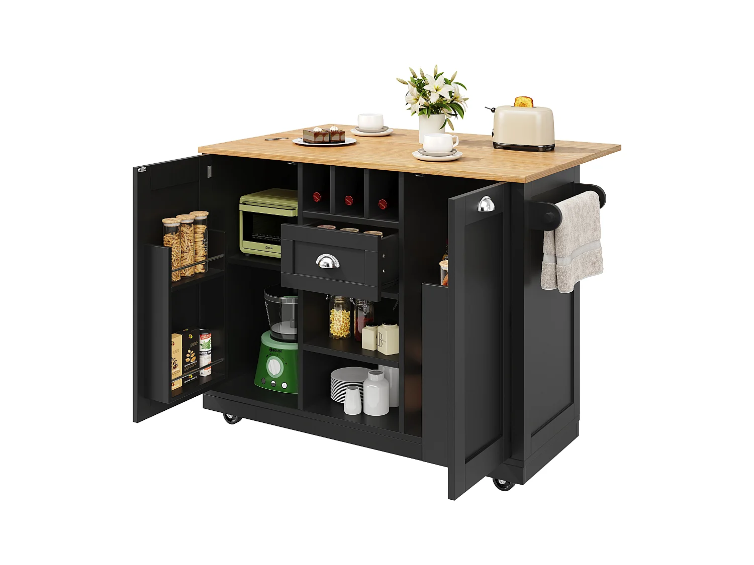 Îlot central à roulettes - 140 x 40 x 93.5 - avec plan de travail + 2 portes + 1 tiroirs + casier à vin - MDF - noir