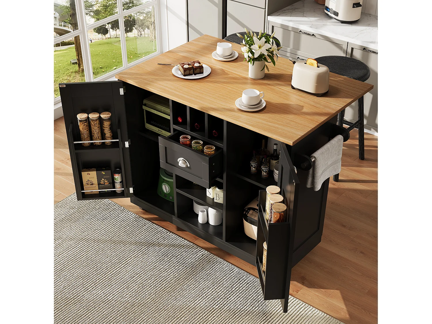 Îlot central à roulettes - 140 x 40 x 93.5 - avec plan de travail + 2 portes + 1 tiroirs + casier à vin - MDF - noir