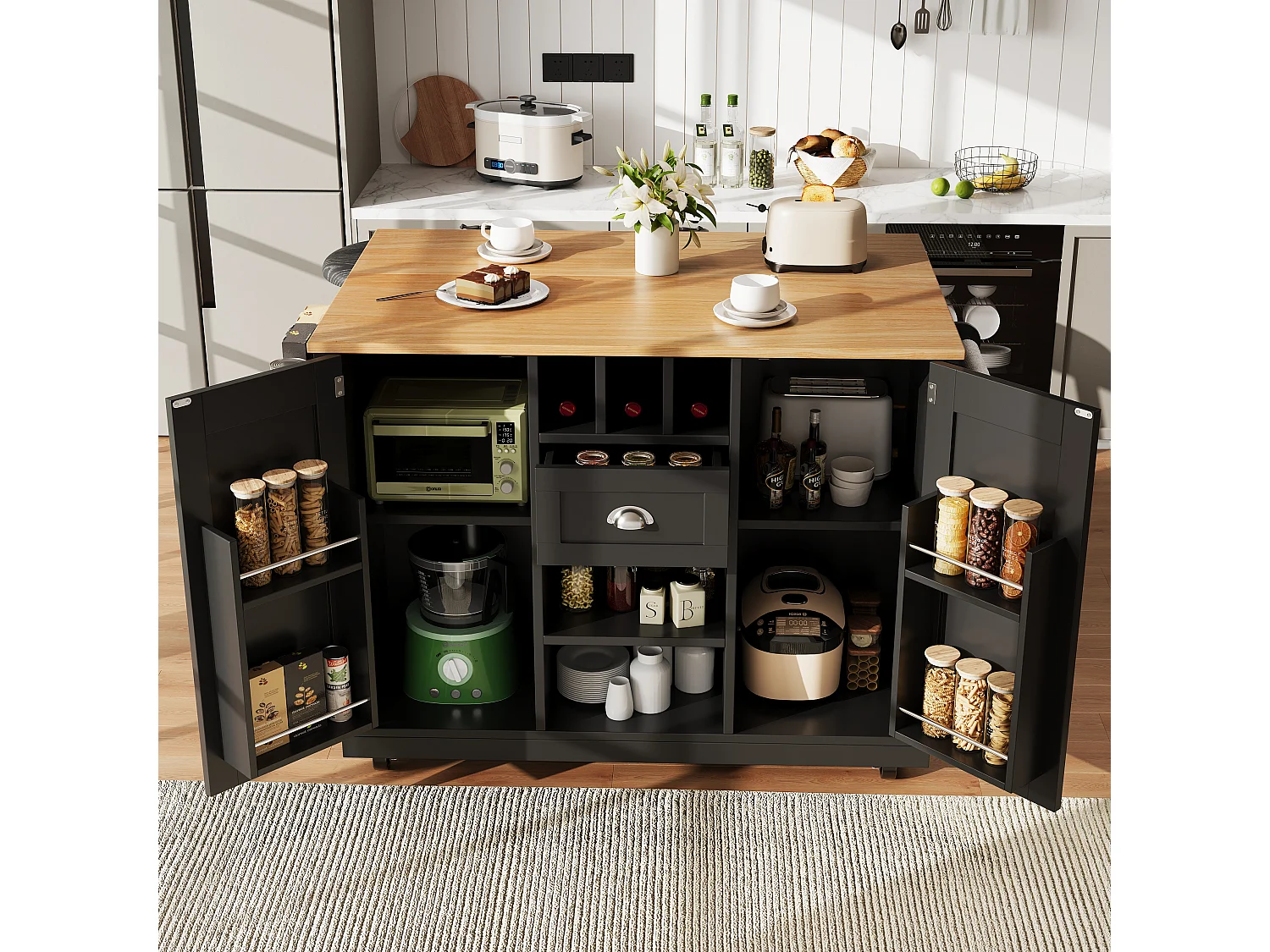 Îlot central à roulettes - 140 x 40 x 93.5 - avec plan de travail + 2 portes + 1 tiroirs + casier à vin - MDF - noir