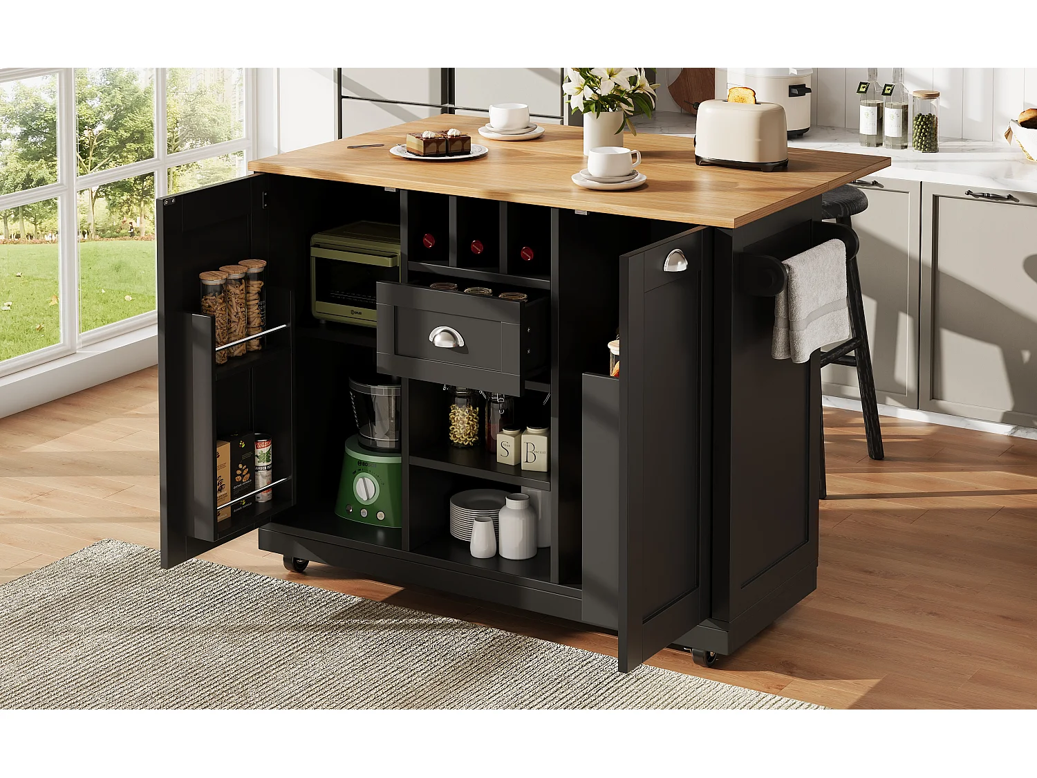 Îlot central à roulettes - 140 x 40 x 93.5 - avec plan de travail + 2 portes + 1 tiroirs + casier à vin - MDF - noir