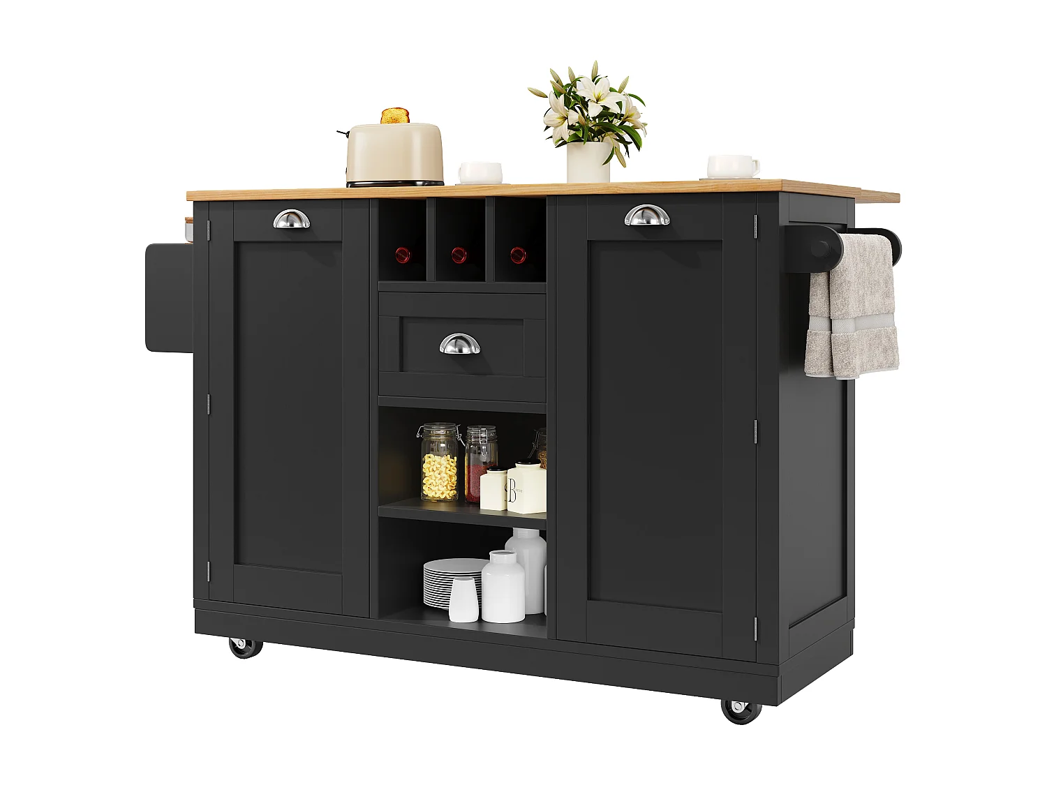 Îlot central à roulettes - 140 x 40 x 93.5 - avec plan de travail + 2 portes + 1 tiroirs + casier à vin - MDF - noir