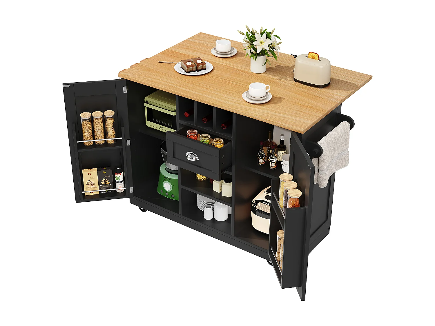 Îlot central à roulettes - 140 x 40 x 93.5 - avec plan de travail + 2 portes + 1 tiroirs + casier à vin - MDF - noir