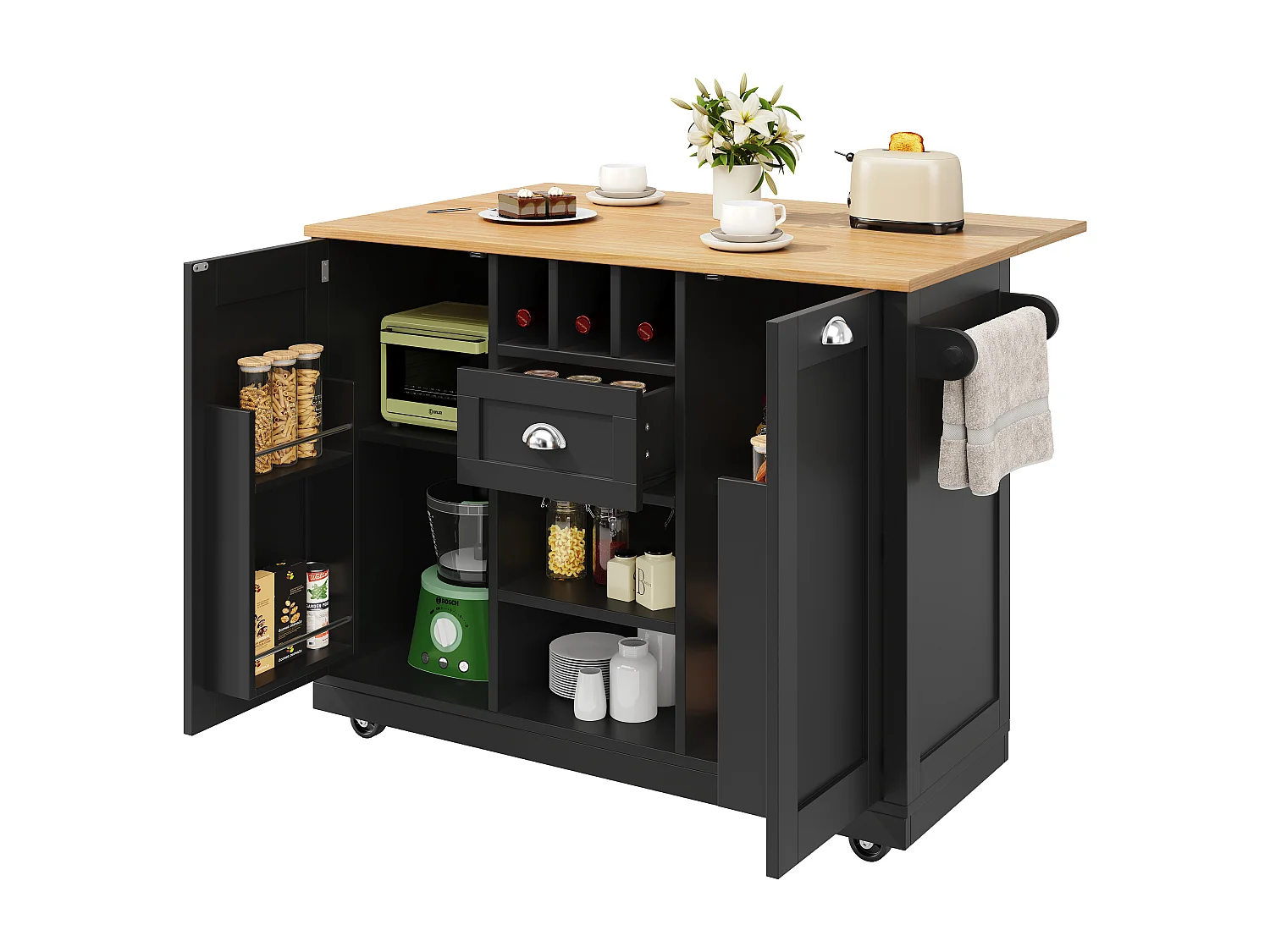 Îlot central à roulettes - 140 x 40 x 93.5 - avec plan de travail + 2 portes + 1 tiroirs + casier à vin - MDF - noir