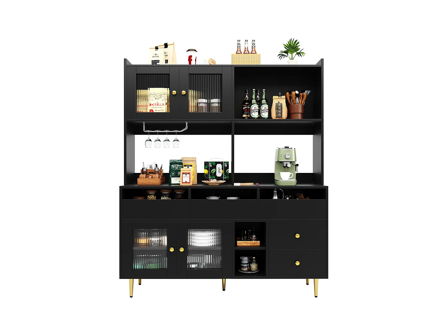 Buffet haut de cuisine - 145 x 39 x 171 cm - avec 4 porte vitrée  + 5 tiroirs - MDF - noir