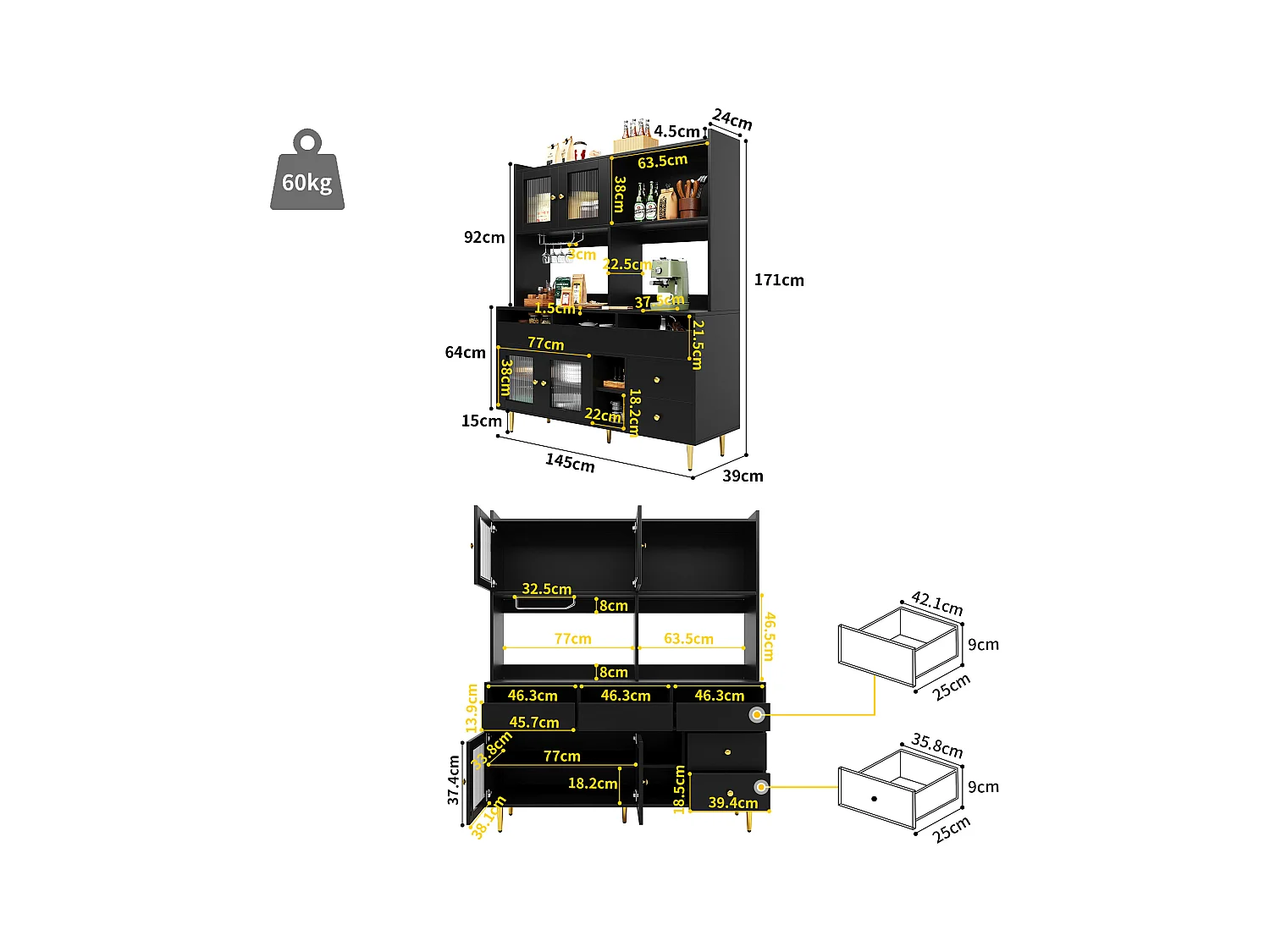Buffet haut de cuisine - 145 x 39 x 171 cm - avec 4 porte vitrée  + 5 tiroirs - MDF - noir