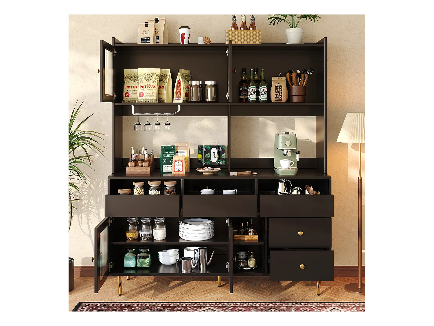 Buffet haut de cuisine - 145 x 39 x 171 cm - avec 4 porte vitrée  + 5 tiroirs - MDF - noir