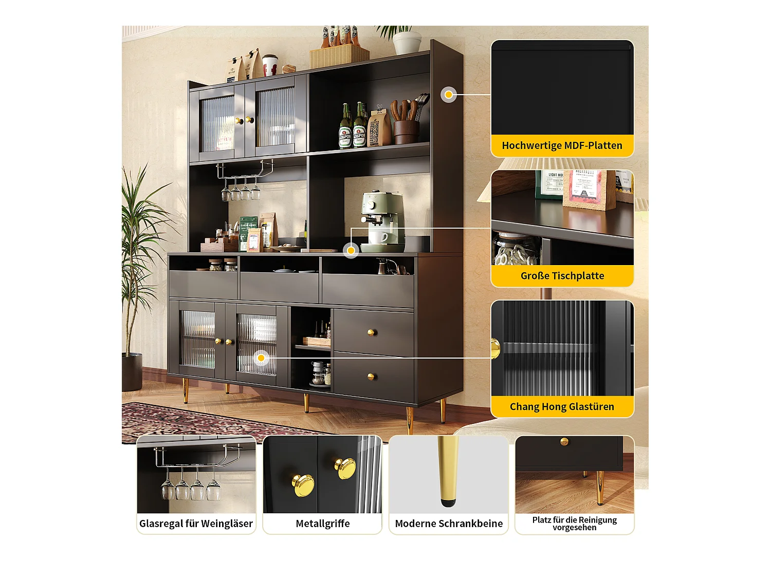 Buffet haut de cuisine - 145 x 39 x 171 cm - avec 4 porte vitrée  + 5 tiroirs - MDF - noir