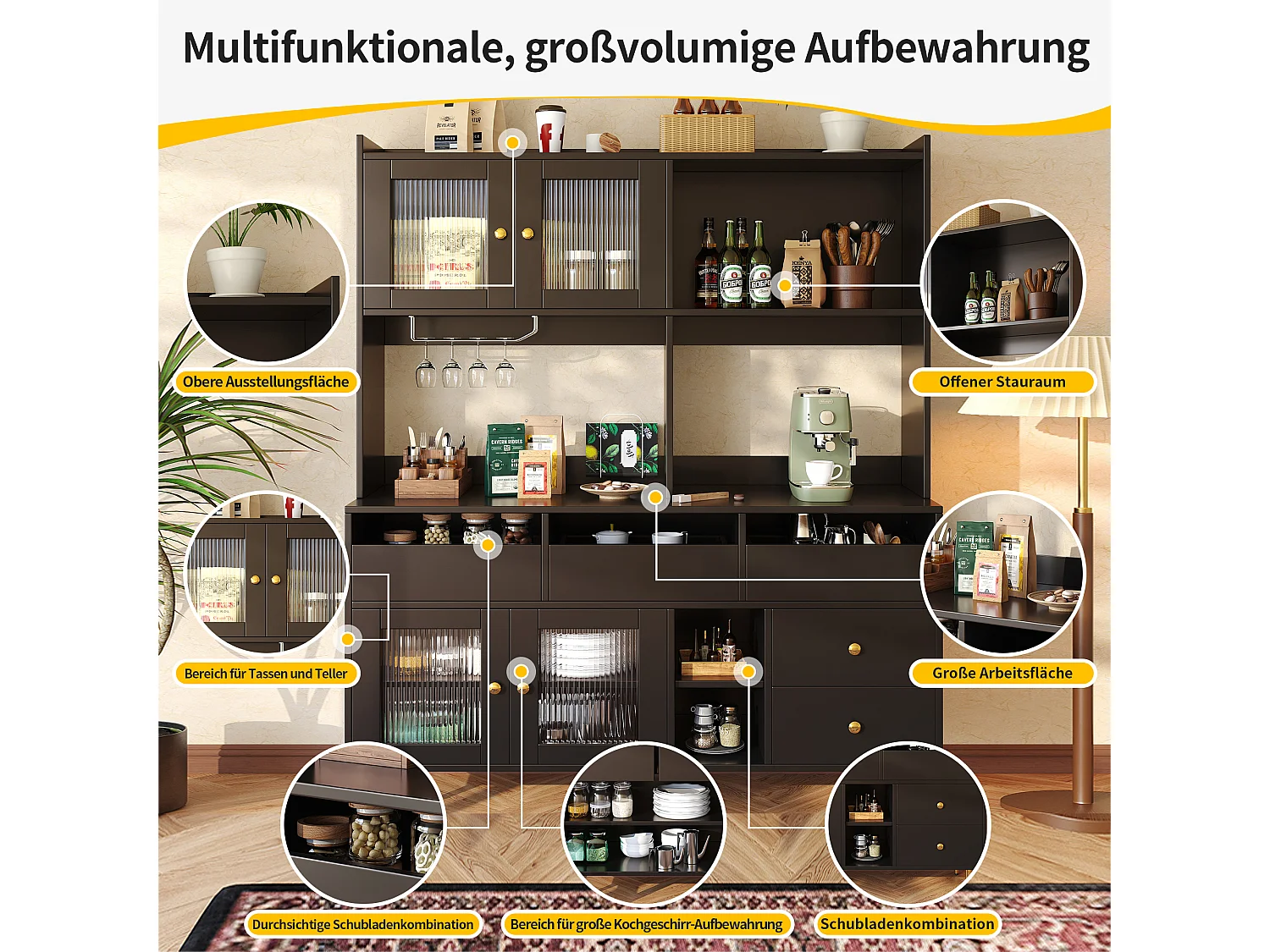 Buffet haut de cuisine - 145 x 39 x 171 cm - avec 4 porte vitrée  + 5 tiroirs - MDF - noir