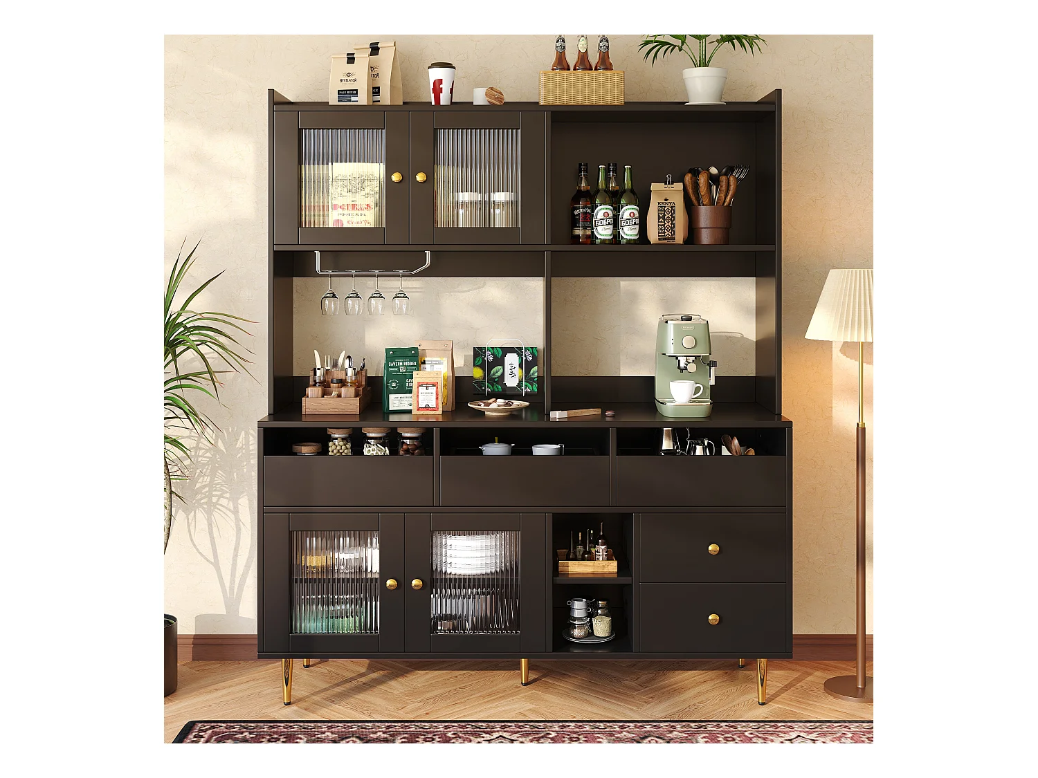 Buffet haut de cuisine - 145 x 39 x 171 cm - avec 4 porte vitrée  + 5 tiroirs - MDF - noir