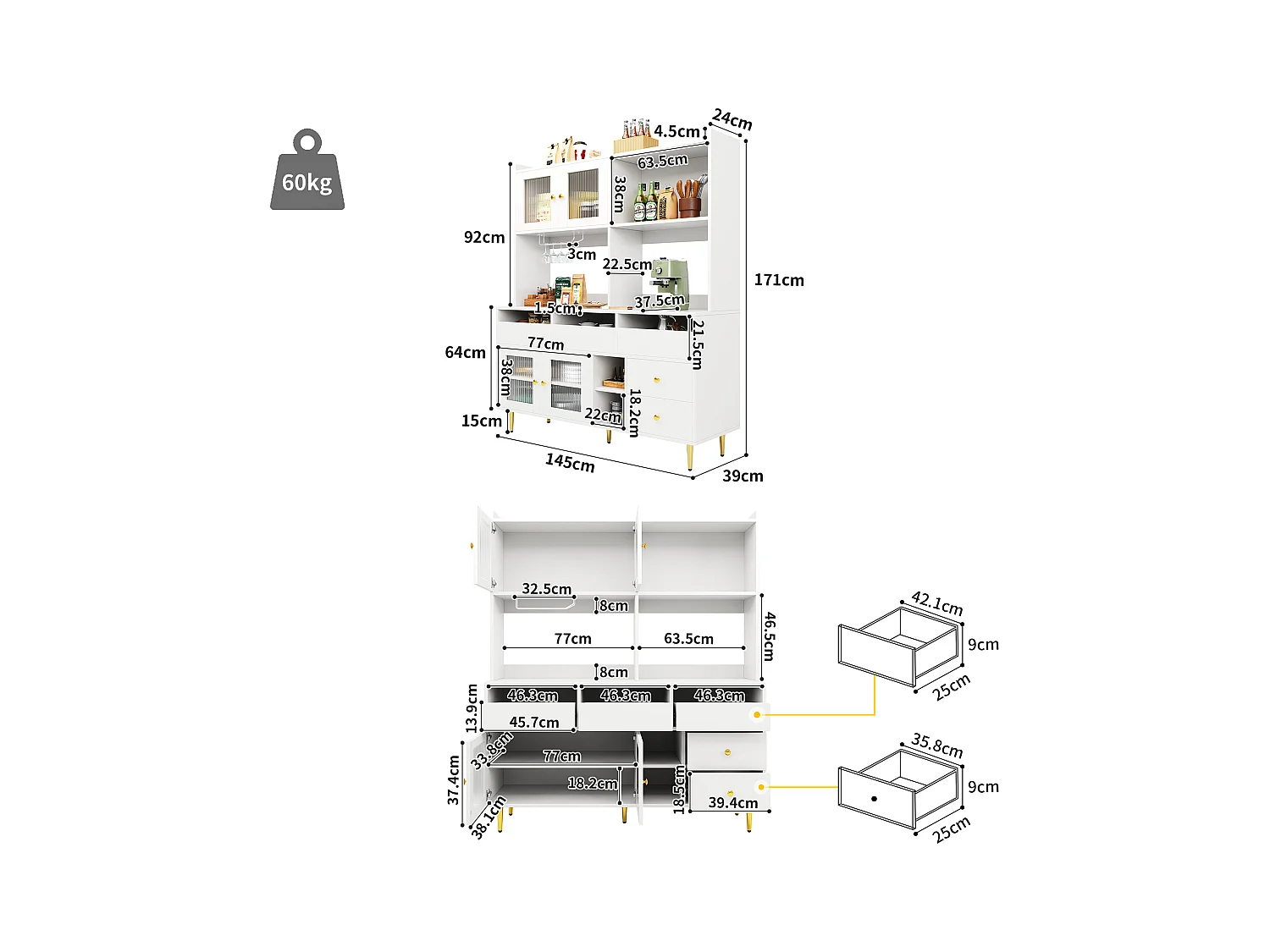 Buffet haut de cuisine - 145 x 39 x 171 cm - avec 4 porte vitrée  + 5 tiroirs - MDF - blanc
