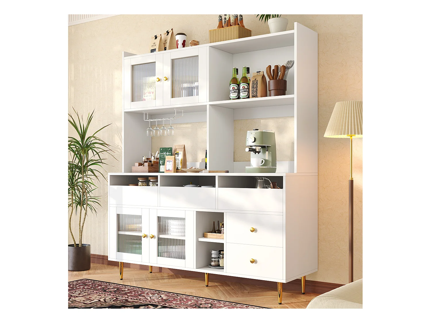 Buffet haut de cuisine - 145 x 39 x 171 cm - avec 4 porte vitrée  + 5 tiroirs - MDF - blanc