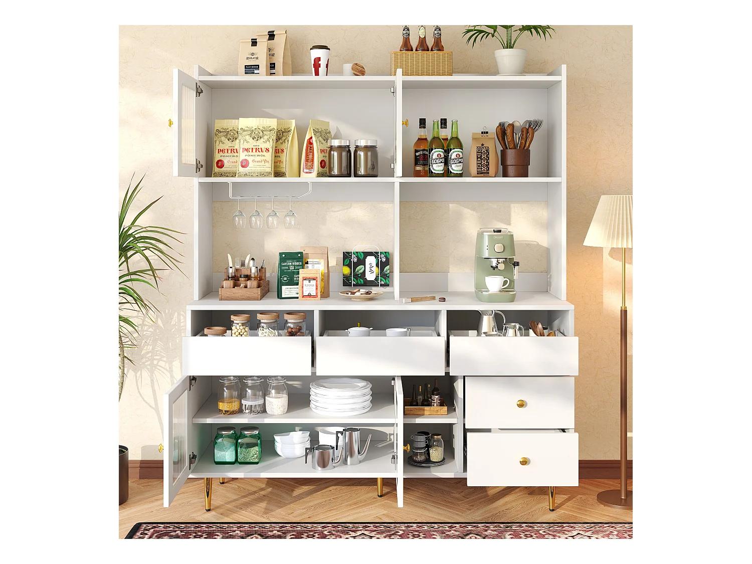 Buffet haut de cuisine - 145 x 39 x 171 cm - avec 4 porte vitrée  + 5 tiroirs - MDF - blanc