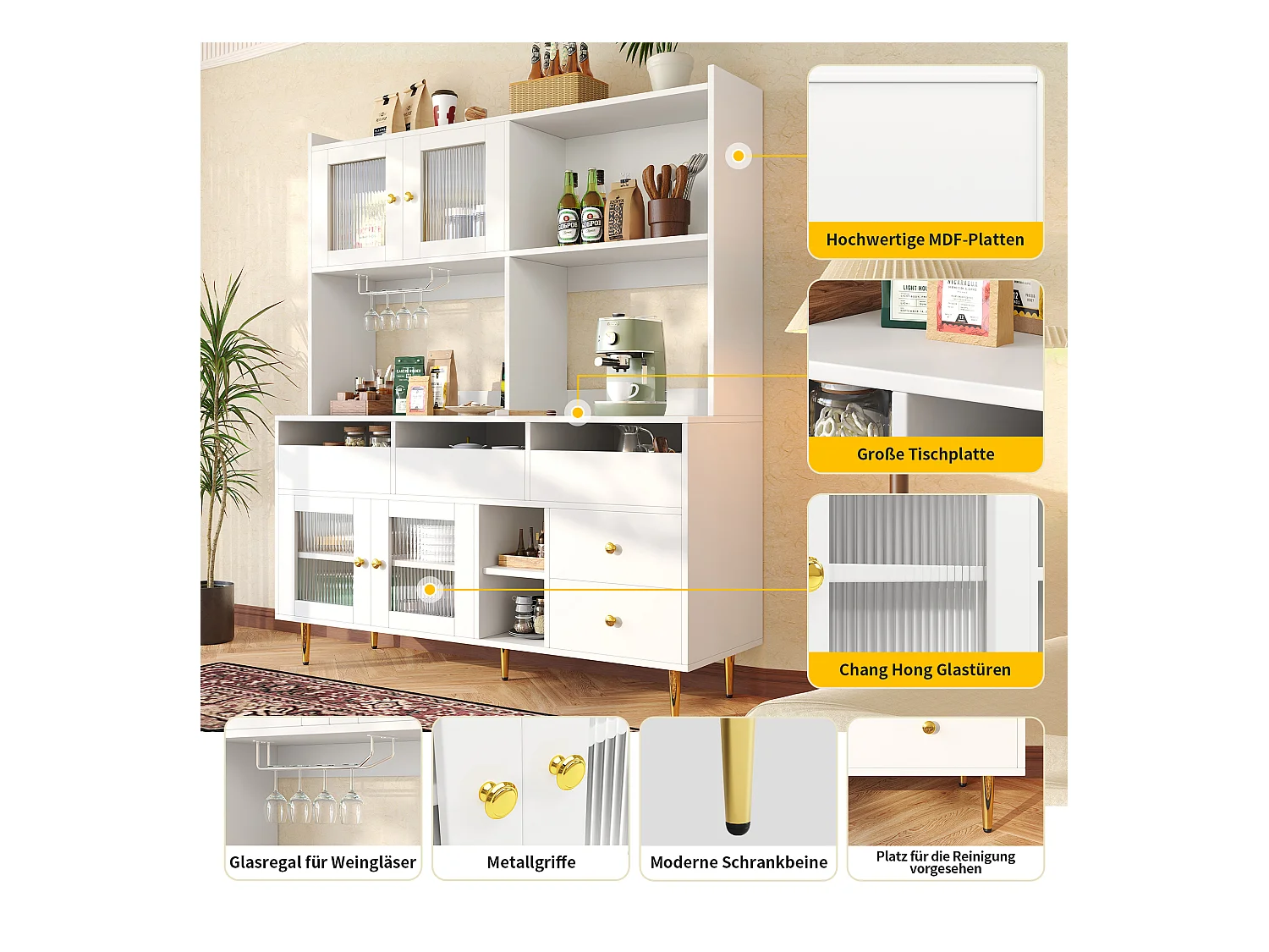 Buffet haut de cuisine - 145 x 39 x 171 cm - avec 4 porte vitrée  + 5 tiroirs - MDF - blanc