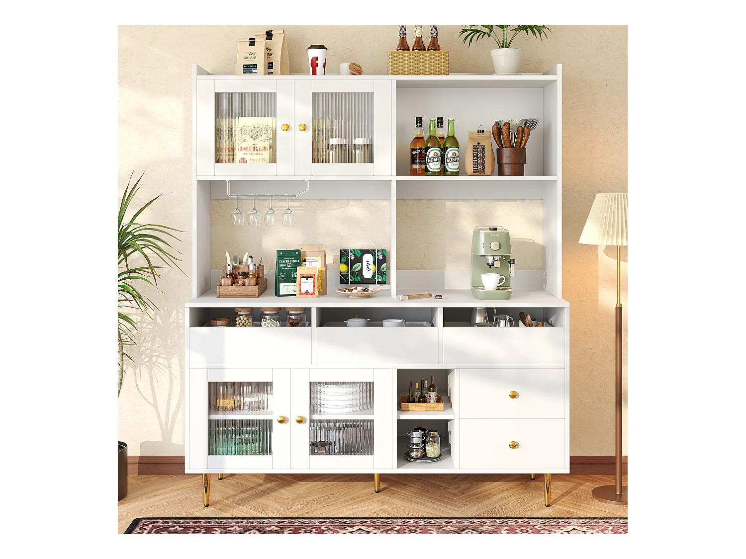 Buffet haut de cuisine - 145 x 39 x 171 cm - avec 4 porte vitrée  + 5 tiroirs - MDF - blanc