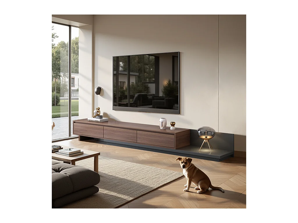 TV-Schrank mit 3 Schubladen, ausziehbarer und verstellbarer Fernsehtisch von 200 cm bis 330 cm, TV-Möbel für Wohnzimmer, Walnuss