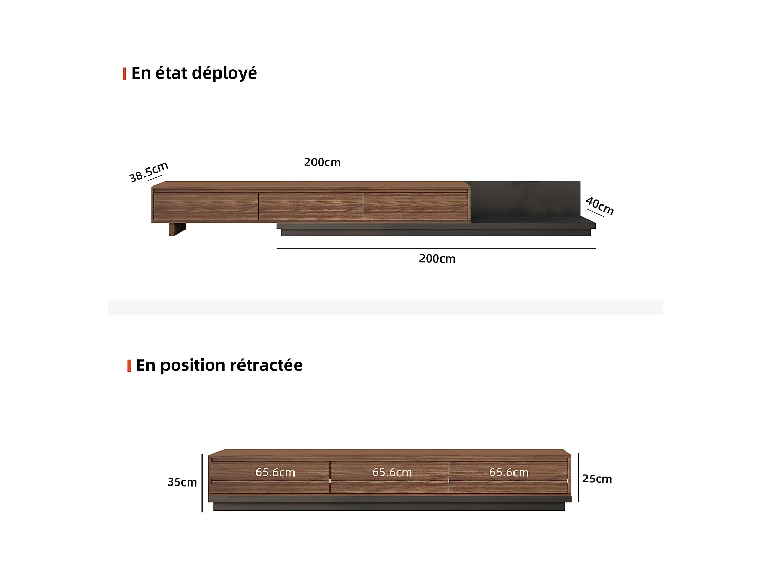 TV-Schrank mit 3 Schubladen, ausziehbarer und verstellbarer Fernsehtisch von 200 cm bis 330 cm, TV-Möbel für Wohnzimmer, Walnuss