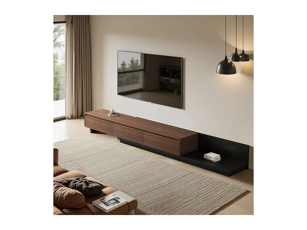 TV-Schrank mit 3 Schubladen, ausziehbarer und verstellbarer Fernsehtisch von 200 cm bis 330 cm, TV-Möbel für Wohnzimmer, Walnuss