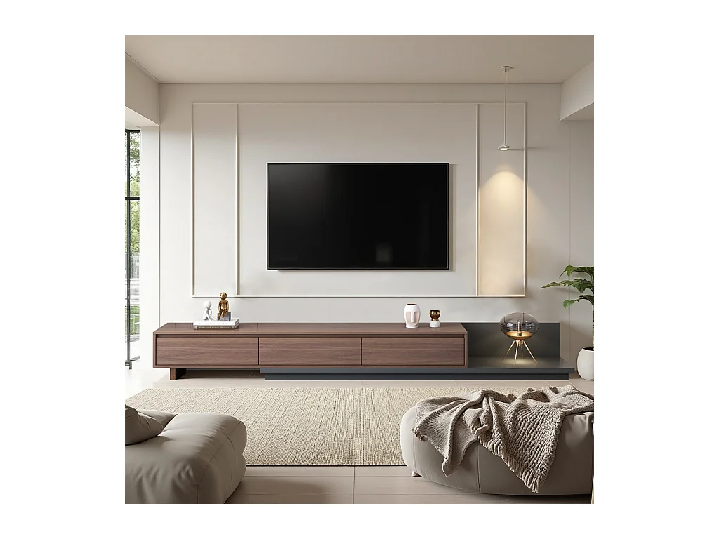 TV-Schrank mit 3 Schubladen, ausziehbarer und verstellbarer Fernsehtisch von 200 cm bis 330 cm, TV-Möbel für Wohnzimmer, Walnuss