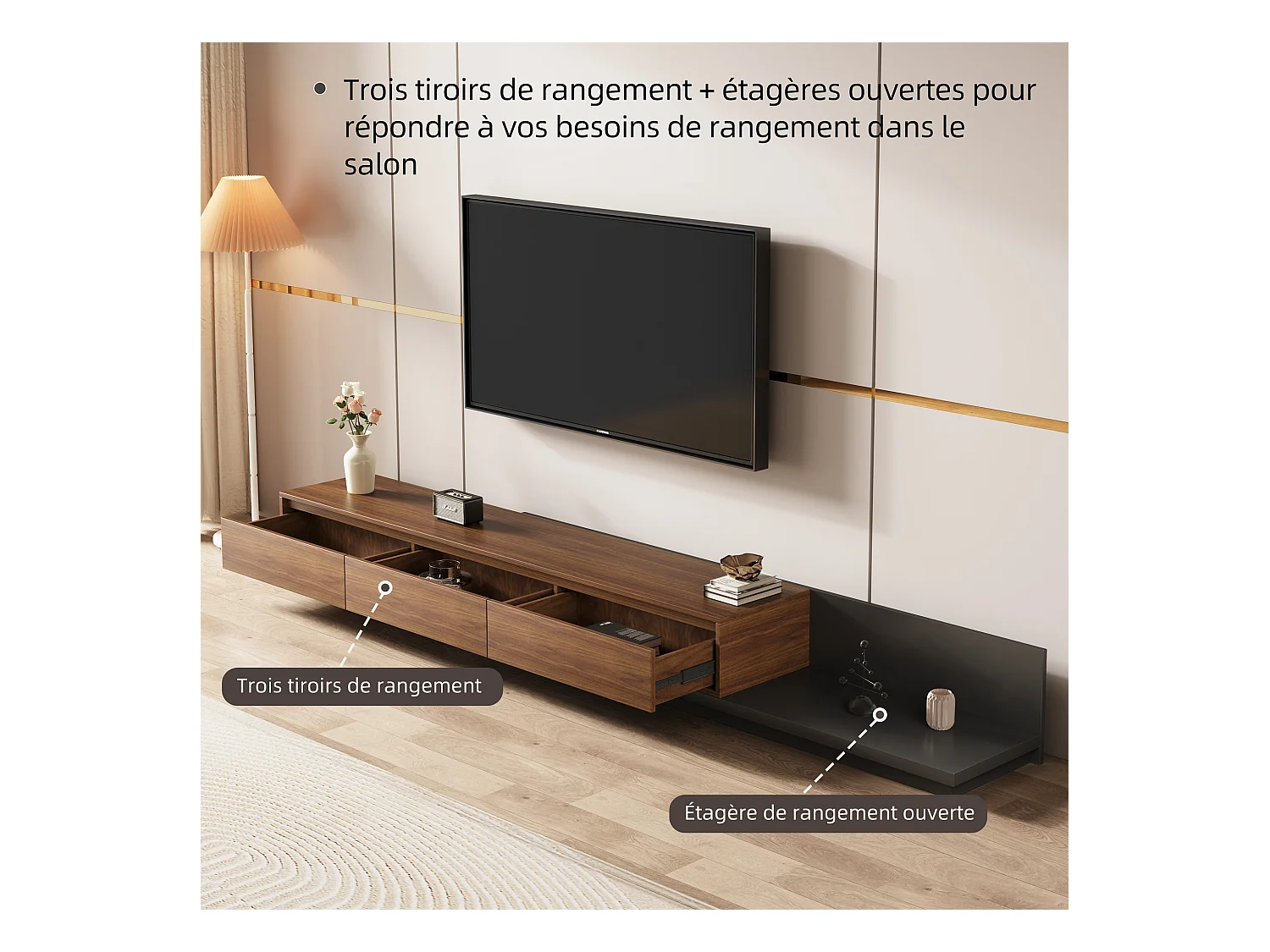 TV-Schrank mit 3 Schubladen, ausziehbarer und verstellbarer Fernsehtisch von 200 cm bis 330 cm, TV-Möbel für Wohnzimmer, Walnuss