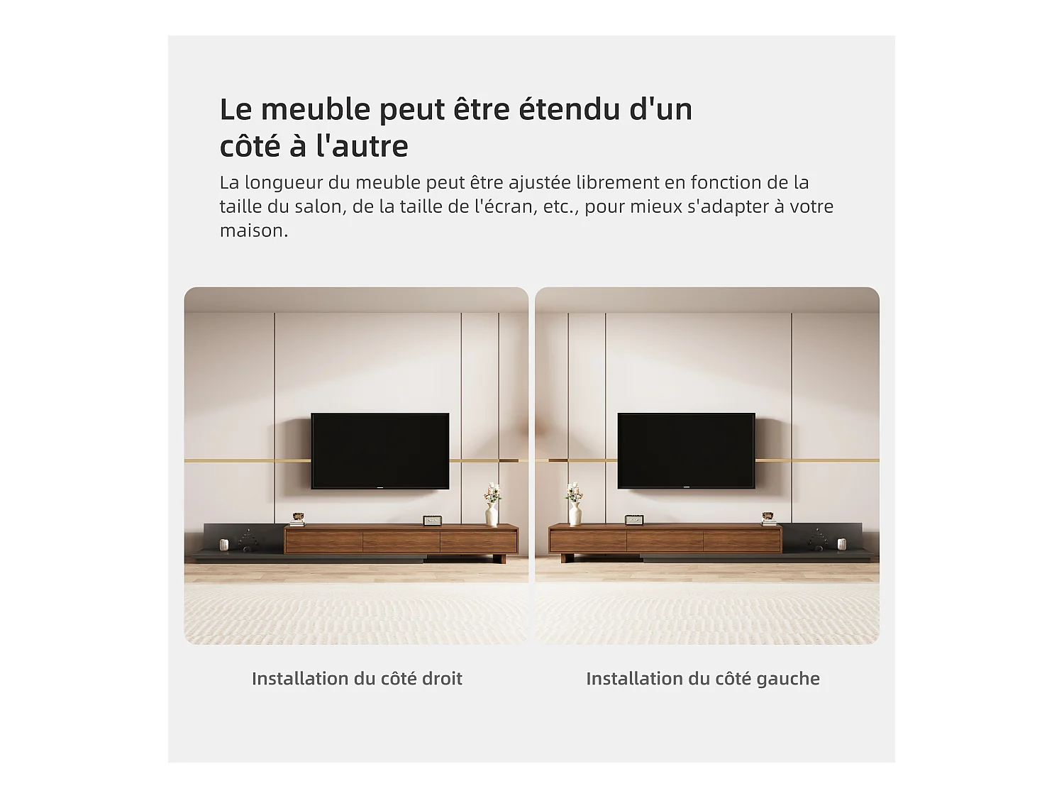 TV-Schrank mit 3 Schubladen, ausziehbarer und verstellbarer Fernsehtisch von 200 cm bis 330 cm, TV-Möbel für Wohnzimmer, Walnuss