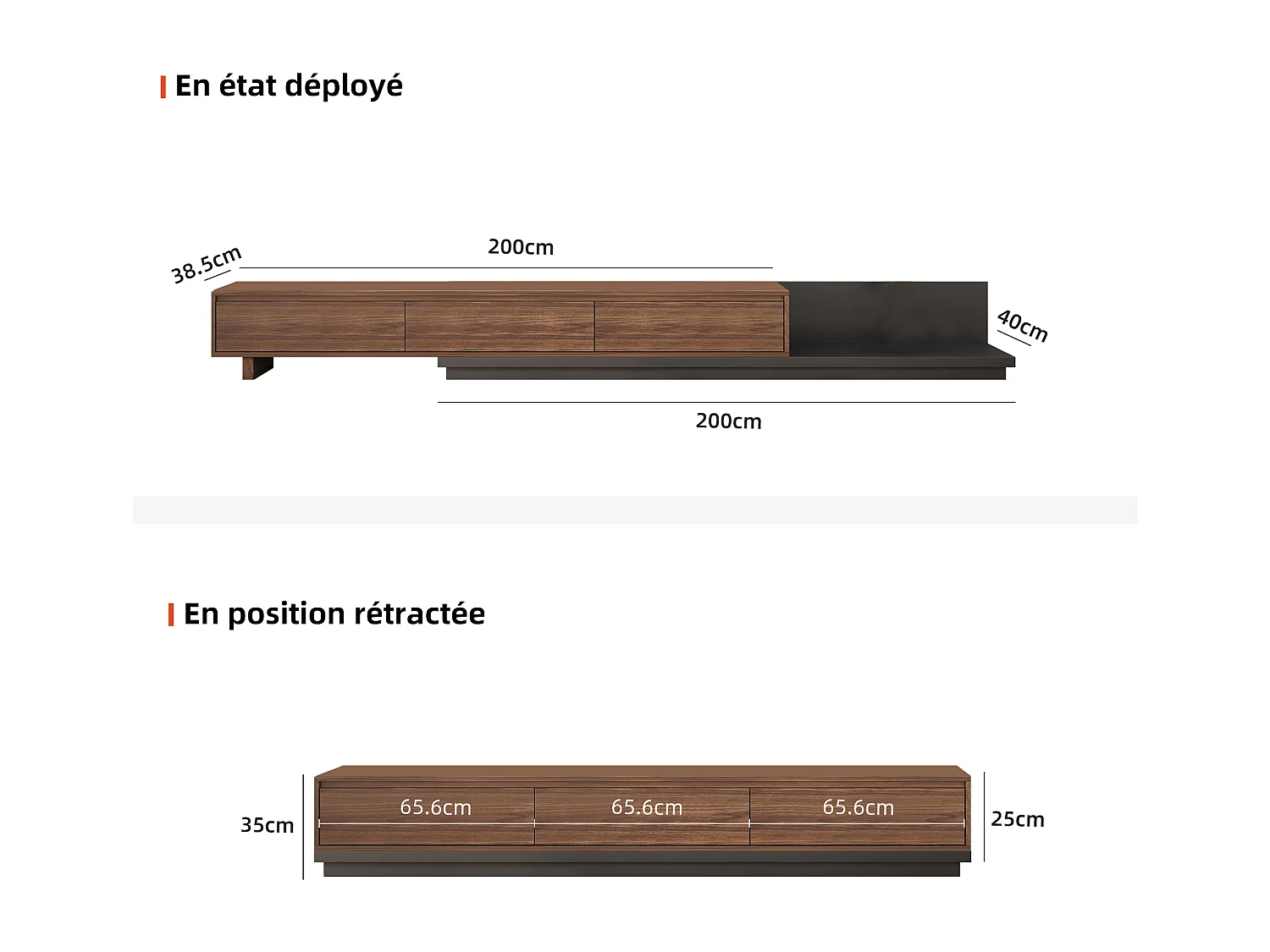 Tv-meubel met 3 lades, uitschuifbaar en verstelbaar van 200 cm tot 330 cm, tv-kast voor de woonkamer, walnootkleur