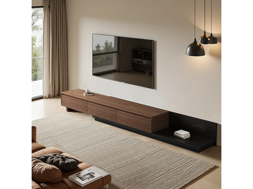 Tv-meubel met 3 lades, uitschuifbaar en verstelbaar van 200 cm tot 330 cm, tv-kast voor de woonkamer, walnootkleur