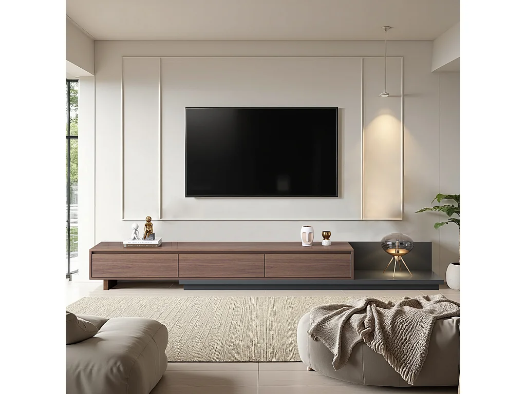 Tv-meubel met 3 lades, uitschuifbaar en verstelbaar van 200 cm tot 330 cm, tv-kast voor de woonkamer, walnootkleur