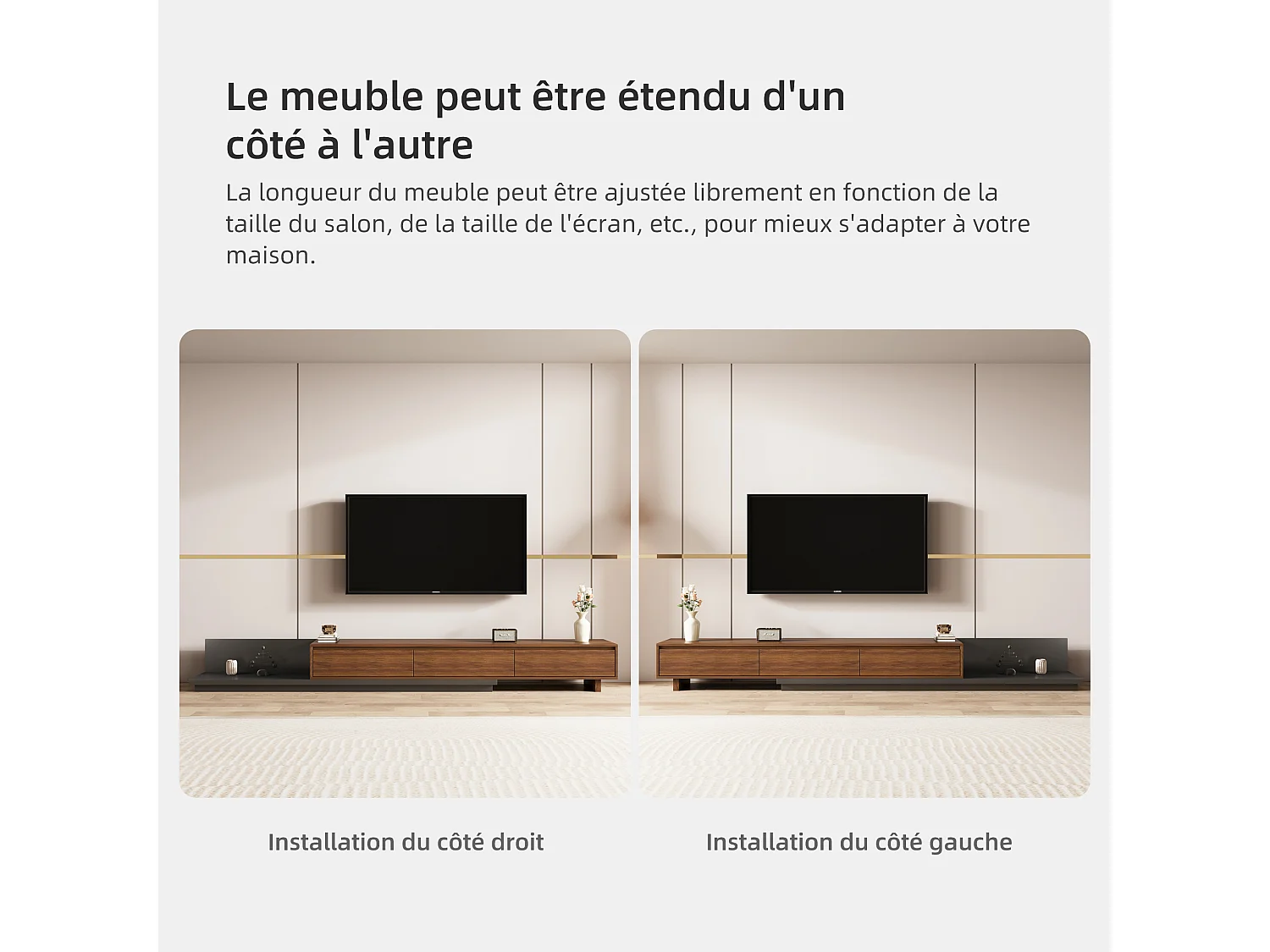 Tv-meubel met 3 lades, uitschuifbaar en verstelbaar van 200 cm tot 330 cm, tv-kast voor de woonkamer, walnootkleur