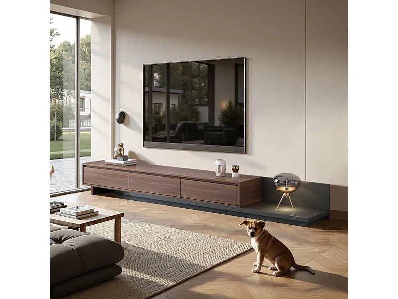 Tv-meubel met 3 lades, uitschuifbaar en verstelbaar van 200 cm tot 330 cm, tv-kast voor de woonkamer, walnootkleur