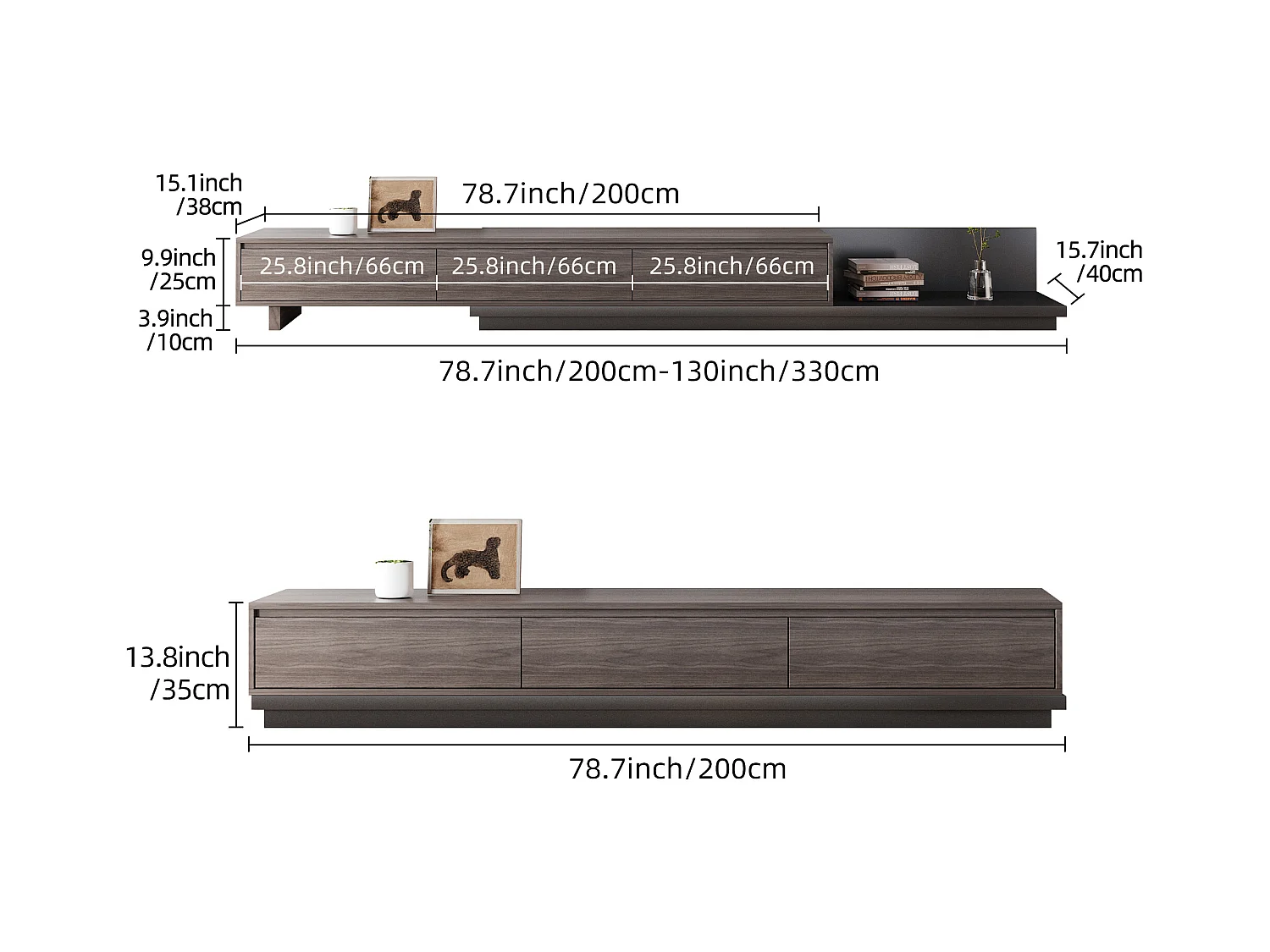 Meuble TV avec 3 tiroirs, Meuble TV Extensible, Meuble TV Ajustable de 200 cm à 330 cm, Meuble télé pour Salon ,Brun Noyer