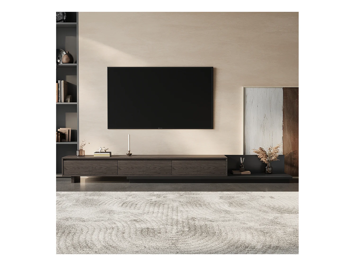 Meuble TV avec 3 tiroirs, Meuble TV Extensible, Meuble TV Ajustable de 200 cm à 330 cm, Meuble télé pour Salon ,Brun Noyer