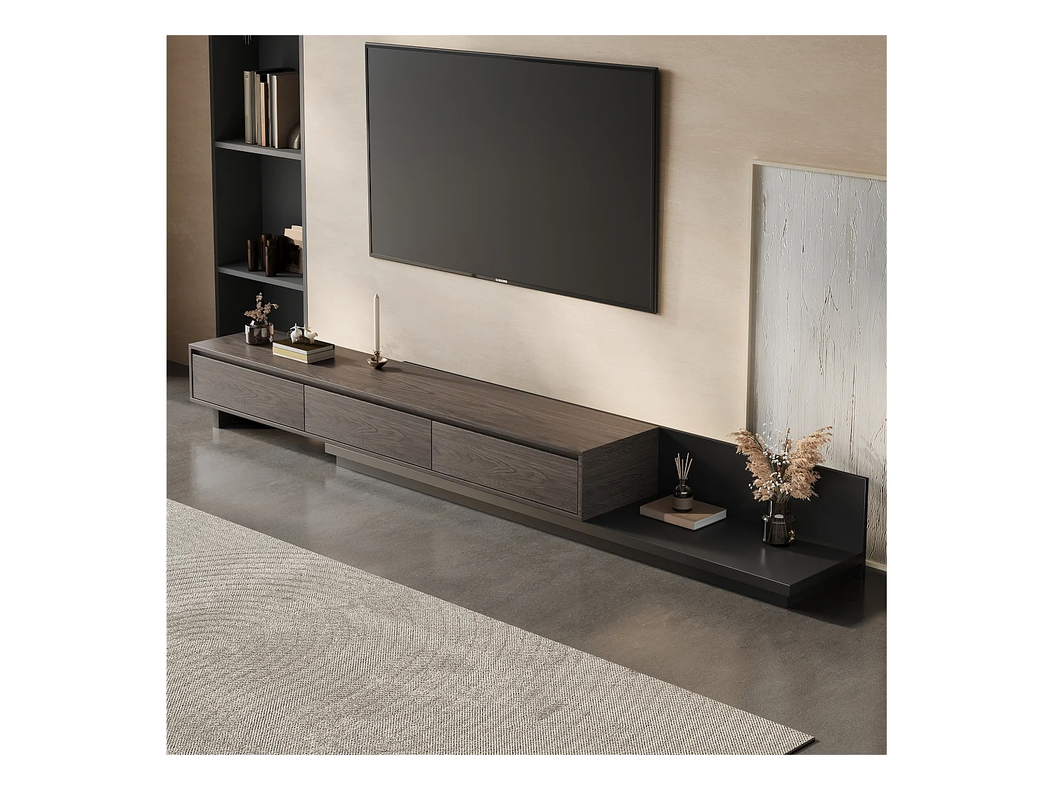 Meuble TV avec 3 tiroirs, Meuble TV Extensible, Meuble TV Ajustable de 200 cm à 330 cm, Meuble télé pour Salon ,Brun Noyer