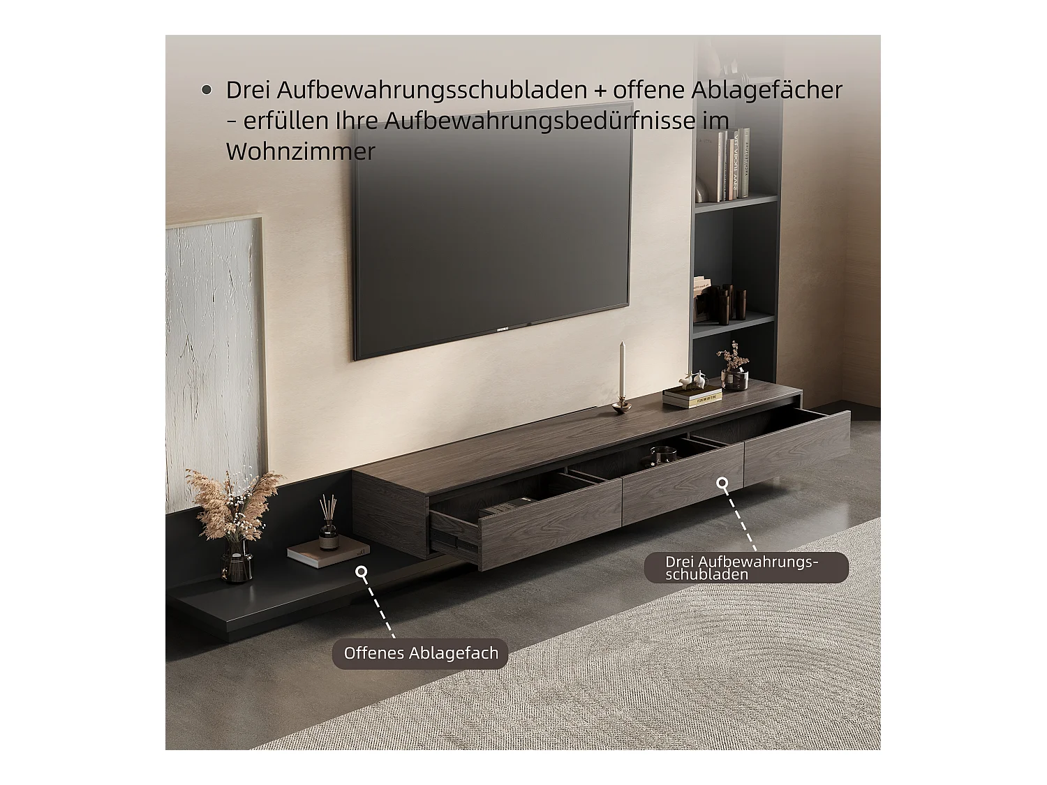 Meuble TV avec 3 tiroirs, Meuble TV Extensible, Meuble TV Ajustable de 200 cm à 330 cm, Meuble télé pour Salon ,Brun Noyer