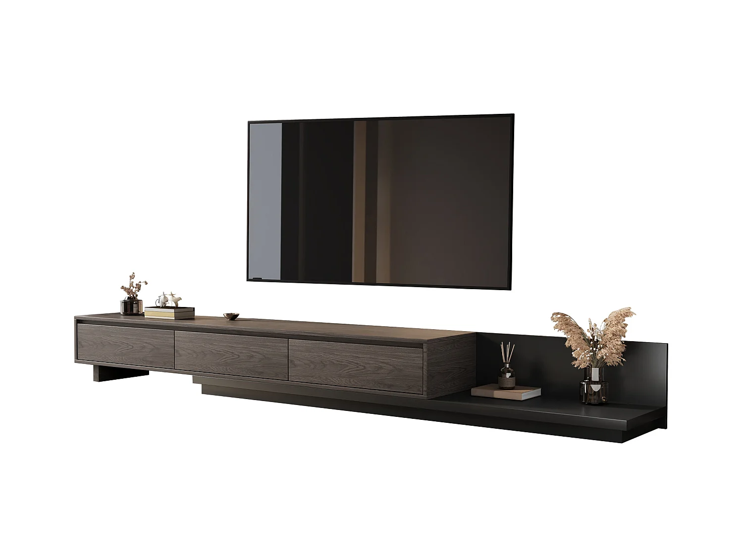 Meuble TV avec 3 tiroirs, Meuble TV Extensible, Meuble TV Ajustable de 200 cm à 330 cm, Meuble télé pour Salon ,Brun Noyer