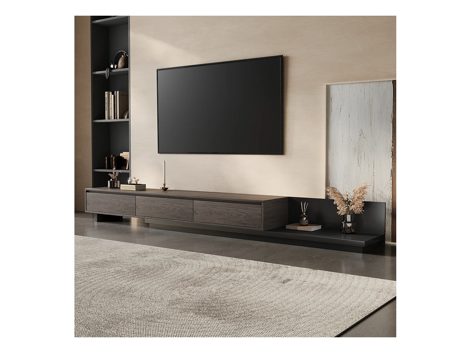 Tv-meubel met 3 lades, uitschuifbaar en verstelbaar van 200 cm tot 330 cm, tv-meubel voor de woonkamer, walnootbruin