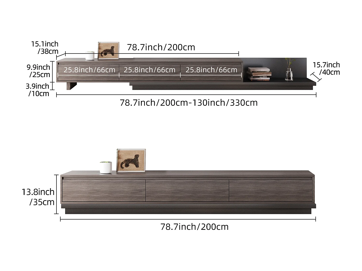 Meuble TV avec 3 tiroirs, Meuble TV Extensible, Meuble TV Ajustable de 200 cm à 330 cm, Meuble télé pour Salon ,Brun Noyer