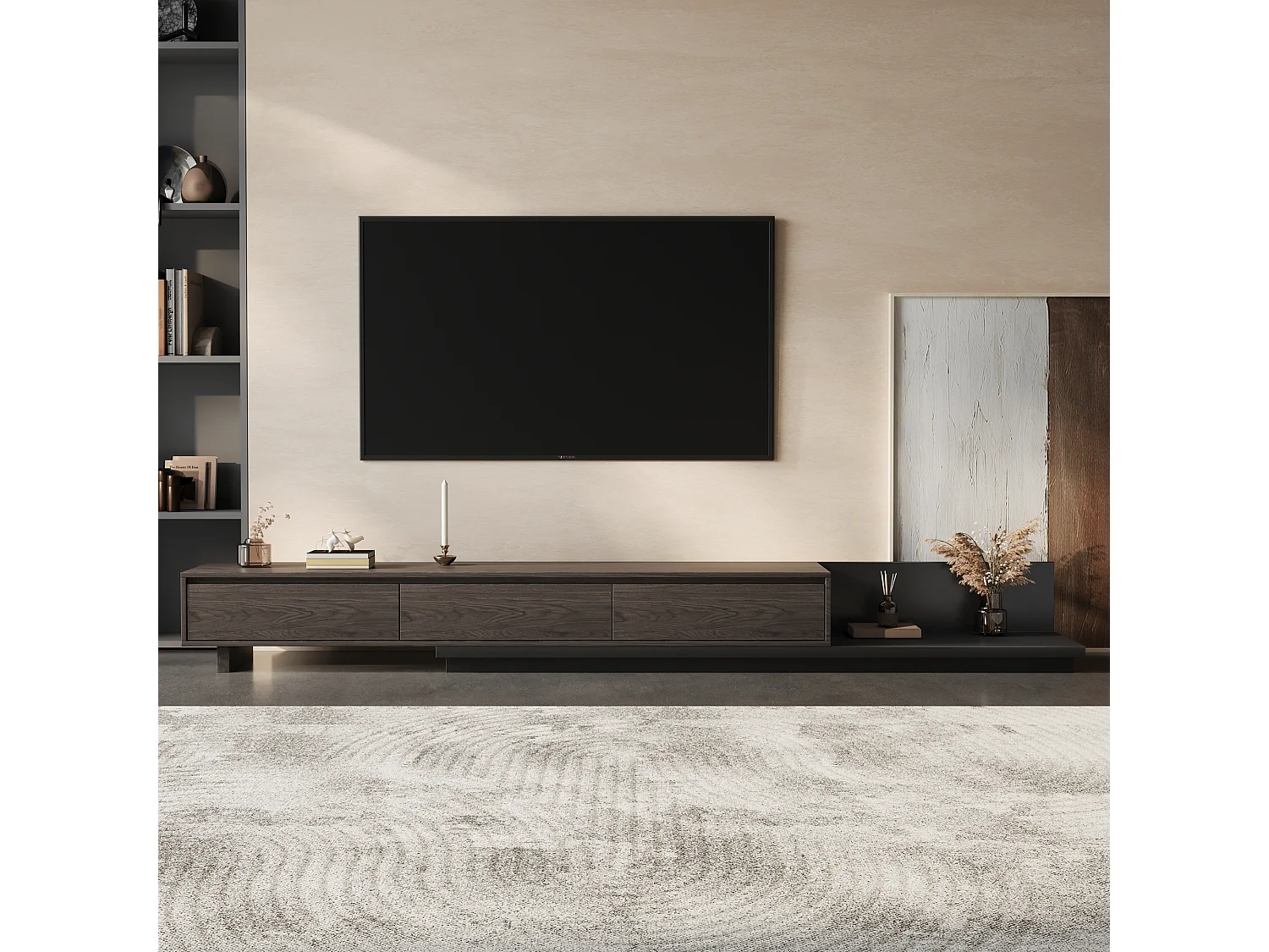 Meuble TV avec 3 tiroirs, Meuble TV Extensible, Meuble TV Ajustable de 200 cm à 330 cm, Meuble télé pour Salon ,Brun Noyer