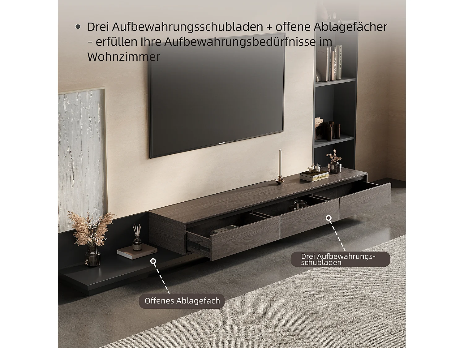 Meuble TV avec 3 tiroirs, Meuble TV Extensible, Meuble TV Ajustable de 200 cm à 330 cm, Meuble télé pour Salon ,Brun Noyer