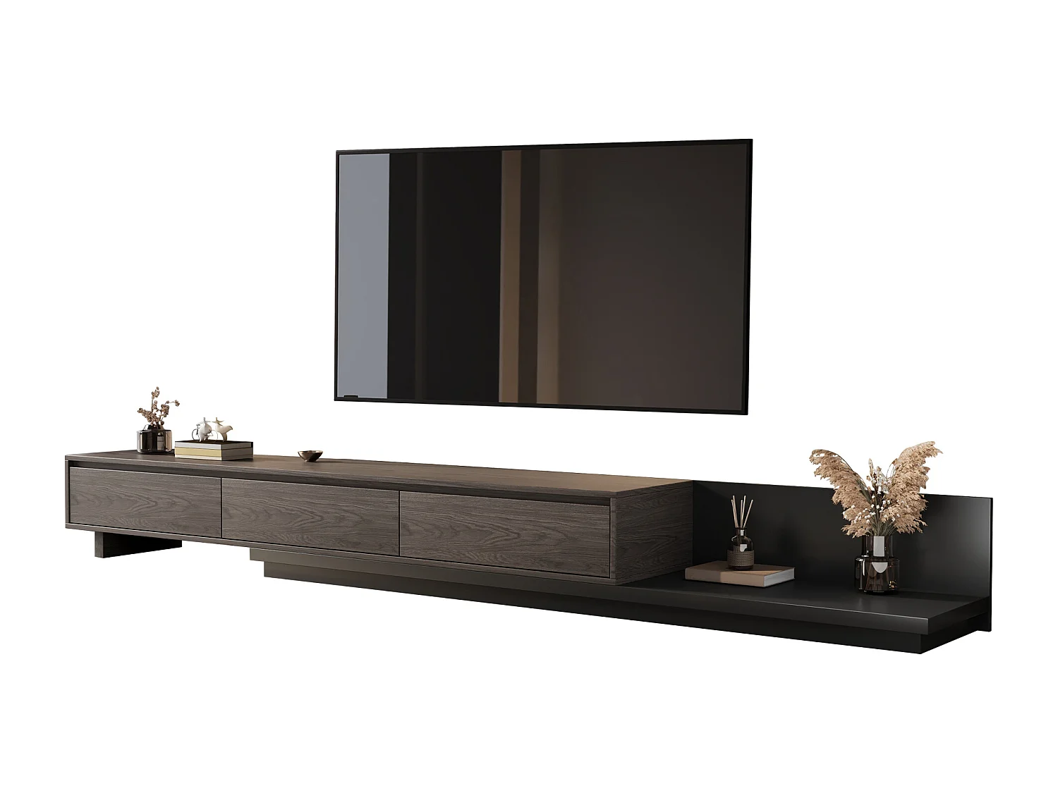 Meuble TV avec 3 tiroirs, Meuble TV Extensible, Meuble TV Ajustable de 200 cm à 330 cm, Meuble télé pour Salon ,Brun Noyer