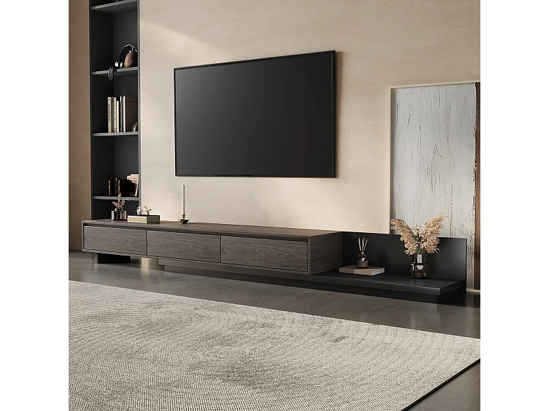 Meuble TV avec 3 tiroirs, Meuble TV Extensible, Meuble TV Ajustable de 200 cm à 330 cm, Meuble télé pour Salon ,Brun Noyer