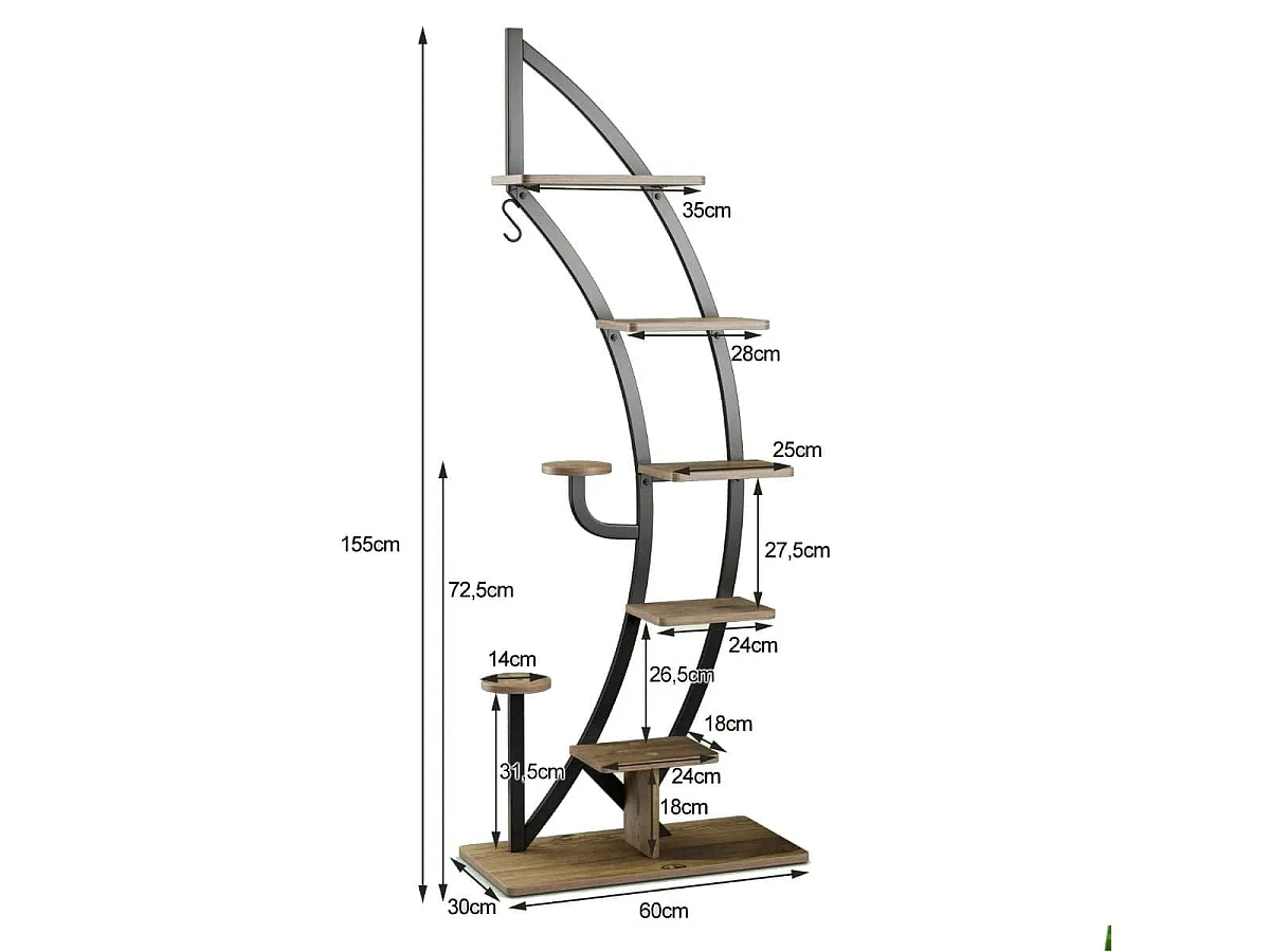 Scaffale per piante in metallo alto a 7 livelli, Scaffale a forma di mezza luna curva con gancio superiore Nero