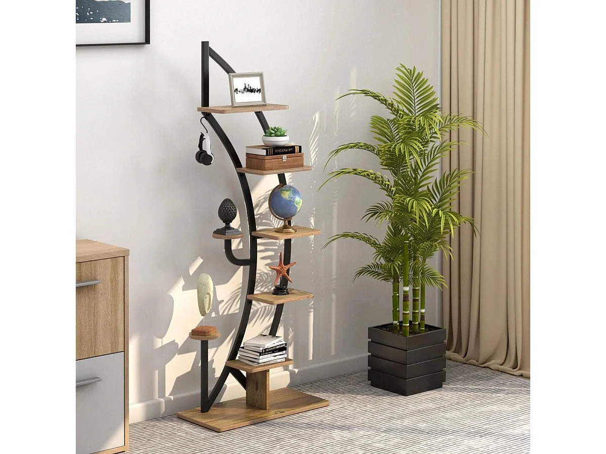 Scaffale per piante in metallo alto a 7 livelli, Scaffale a forma di mezza luna curva con gancio superiore Nero