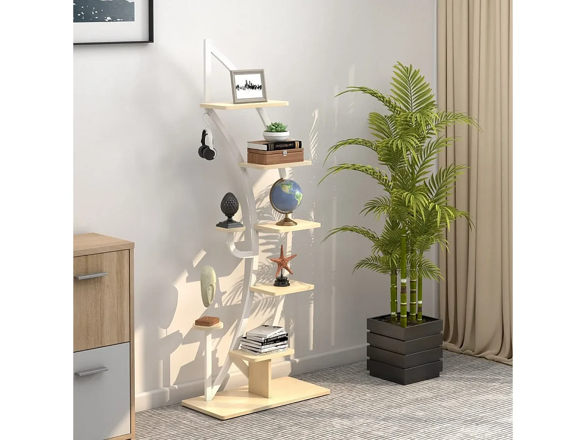 7-stufiger Metall-Pflanzenständer in Halbmondform mit 2 kleine Ablagen & Haken Weiß