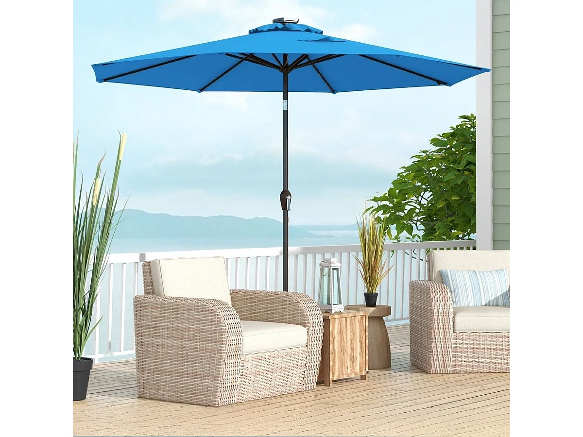 LED Beleuchtung Ampelschirm Rund Sonnenschirm Solarbetrieben Gartenschirm Kurbel Blau